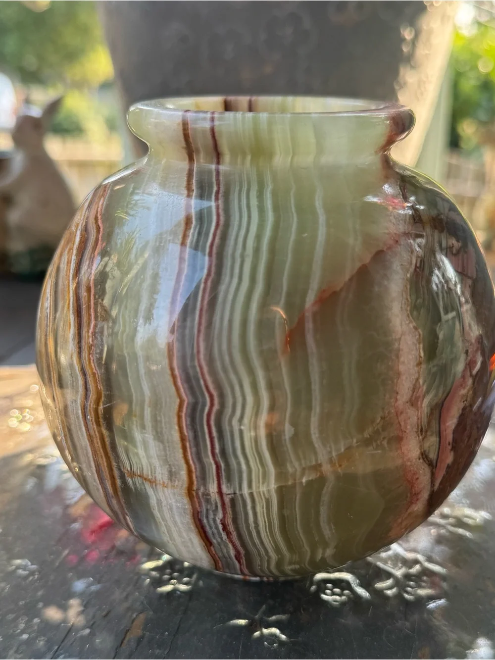 Vintage Polychrome Onyx Stone Vase in Pink, Brown & Green